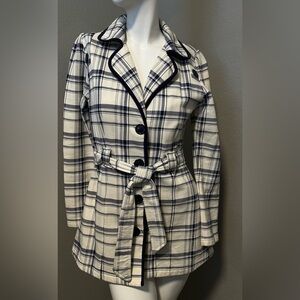 L. A. Kitty Women’s White & Blue Plaid BD LS Belted Pea Coat Size M